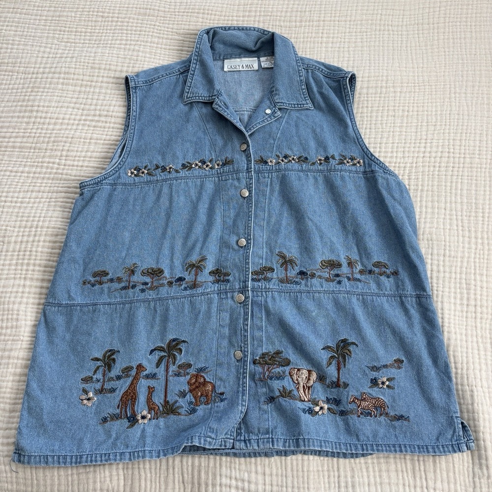 VTG Casey & Max Top Womens XL 90s Y2K Denim Vest Plaid‎ CottageCore Embroidered